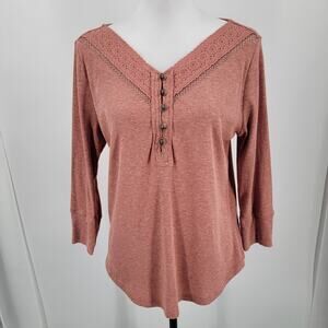 Cato Top Womens Medium Pink Ribbed V Neck Ladder Lace Floral Embroidered Boho